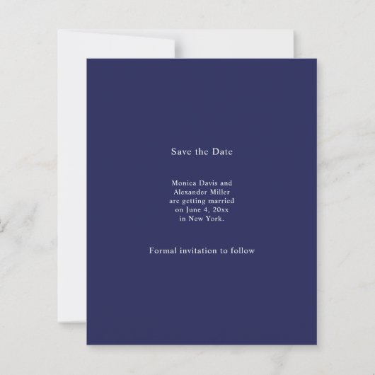 Navy blue photo wedding Save the Date card (裏面)