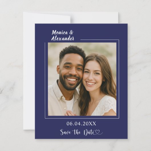 Navy blue photo wedding Save the Date card (正面)