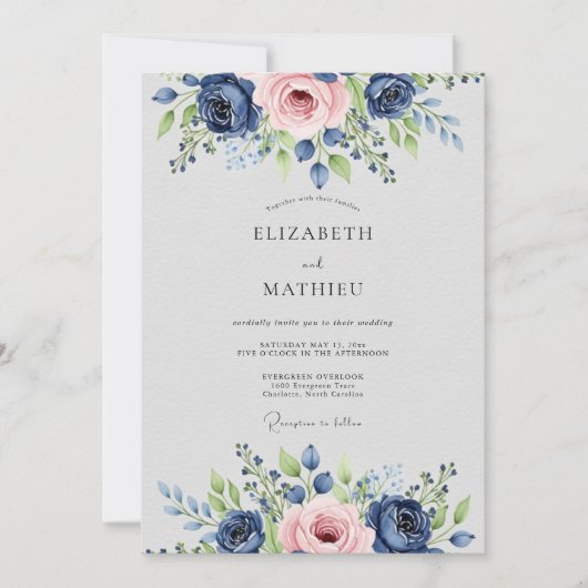 Navy Blue Pink Lavish Botanical Wedding 招待状 (正面)