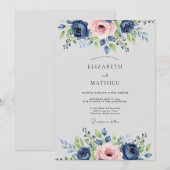Navy Blue Pink Lavish Botanical Wedding 招待状 (正面/裏面)