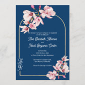 Navy Blue Pink Magnolia Elegant Floral Wedding 招待状 (正面)