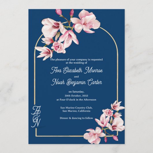 Navy Blue Pink Magnolia Elegant Floral Wedding 招待状 (正面)