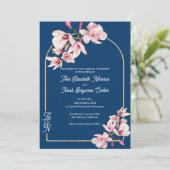 Navy Blue Pink Magnolia Elegant Floral Wedding 招待状 (スタンド正面)