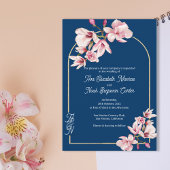 Navy Blue Pink Magnolia Elegant Floral Wedding 招待状
