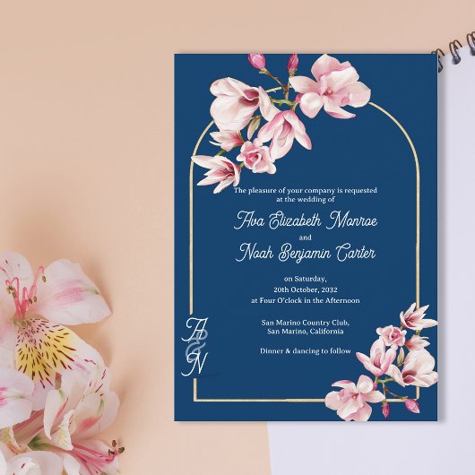 Navy Blue Pink Magnolia Elegant Floral Wedding 招待状