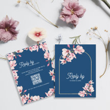 Navy Blue Pink Magnolia Floral Wedding Reply By