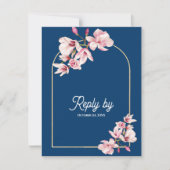 Navy Blue Pink Magnolia Floral Wedding Reply By 出欠カード (正面)
