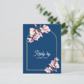 Navy Blue Pink Magnolia Floral Wedding Reply By 出欠カード (スタンド正面)