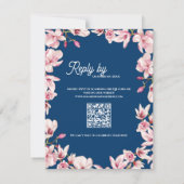 Navy Blue Pink Magnolia Floral Wedding Reply By 出欠カード (裏面)