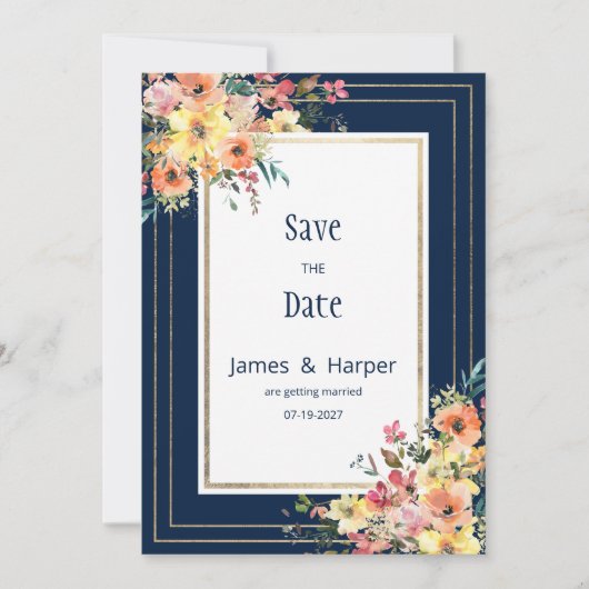 Navy blue pink orange gold floral Save the Date 招待状 (正面)