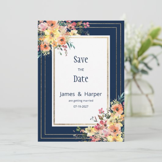 Navy blue pink orange gold floral Save the Date 招待状 (スタンド正面)