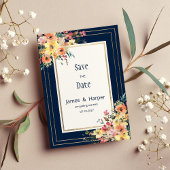 Navy blue pink orange gold floral Save the Date 招待状