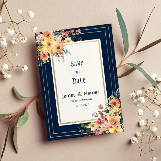 Navy blue pink orange gold floral Save the Date 招待状