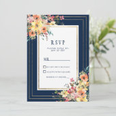 Navy blue pink orange gold floral spring RSVP 招待状 (スタンド正面)