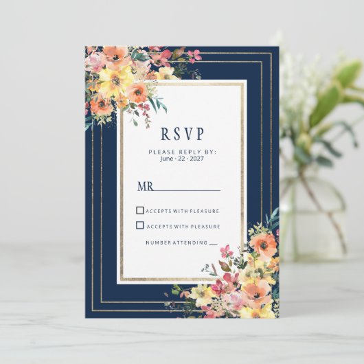 Navy blue pink orange gold floral spring RSVP 招待状 (スタンド正面)