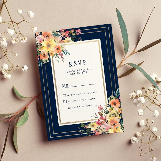 Navy blue pink orange gold floral spring RSVP 招待状