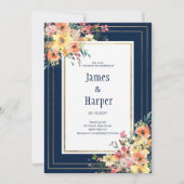 Navy blue pink orange gold floral spring Wedding  招待状 (正面)