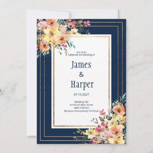 Navy blue pink orange gold floral spring Wedding  招待状 (正面)