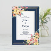 Navy blue pink orange gold floral spring Wedding  招待状 (スタンド正面)