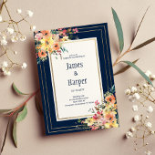 Navy blue pink orange gold floral spring Wedding  招待状