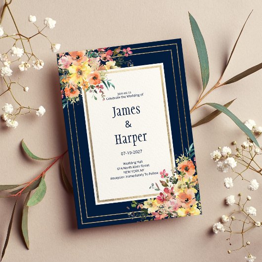 Navy blue pink orange gold floral spring Wedding  招待状