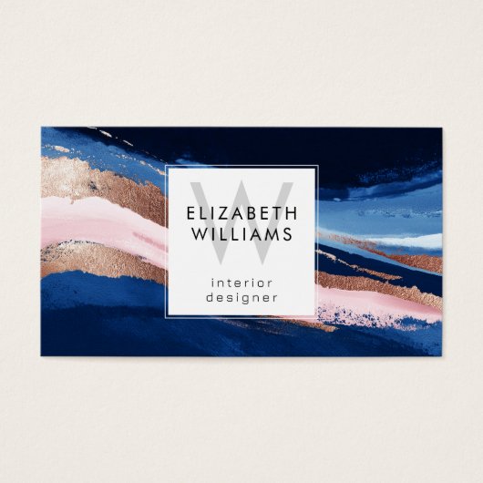 Navy Blue Pink Rose Gold Monogram Business Cards (正面)
