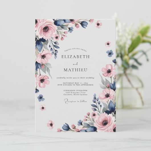 Navy Blue Pink Sophisticated Spring Wedding 招待状 (スタンド正面)