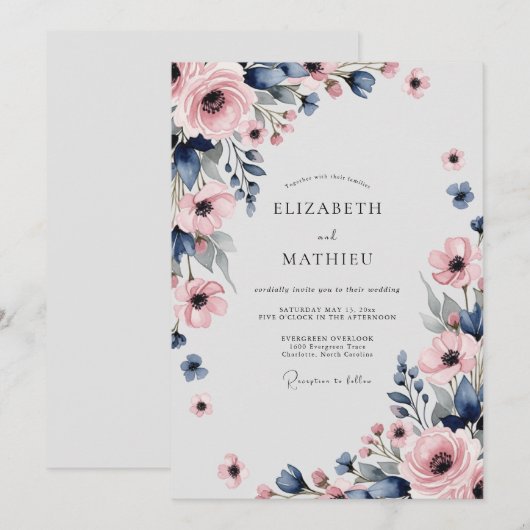 Navy Blue Pink Sophisticated Spring Wedding 招待状 (正面/裏面)