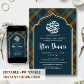 Navy Blue Plaid Frame Ramadan Iftar Invitation 招待状