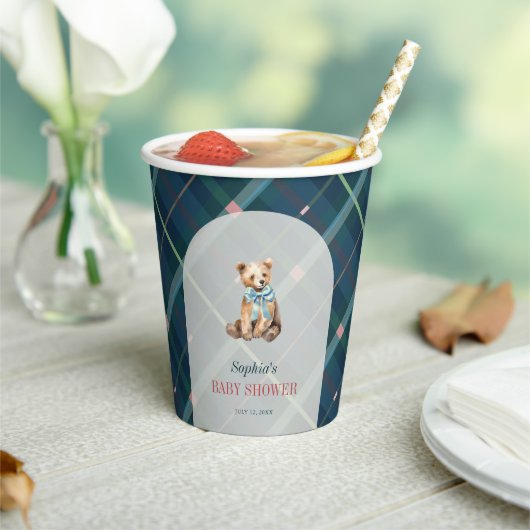 Navy Blue Plaid Teddy Bear Baby Shower 紙コップ (インサイチュ)