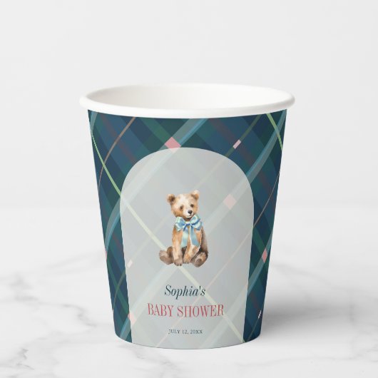 Navy Blue Plaid Teddy Bear Baby Shower 紙コップ (正面)