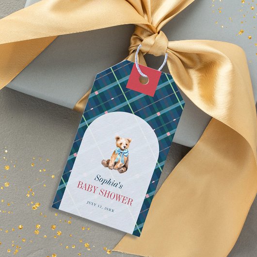 Navy Blue Plaid Teddy Bear Bow Baby Shower ギフトタグ