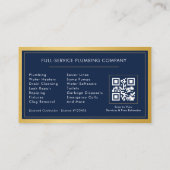 Navy Blue Plumber Contractor QR Code Gold Metallic 名刺 (裏面)