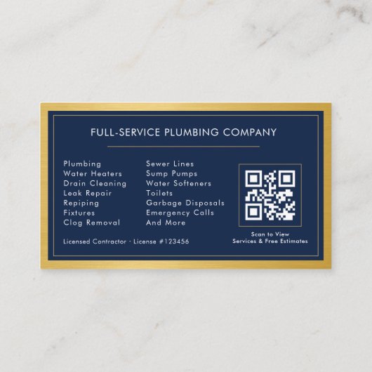 Navy Blue Plumber Contractor QR Code Gold Metallic 名刺 (裏面)
