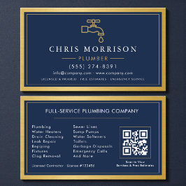 Navy Blue Plumber Contractor QR Code Gold Metallic 名刺