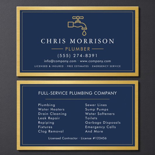 Navy Blue Plumber Plumbing Company Gold Metallic 名刺