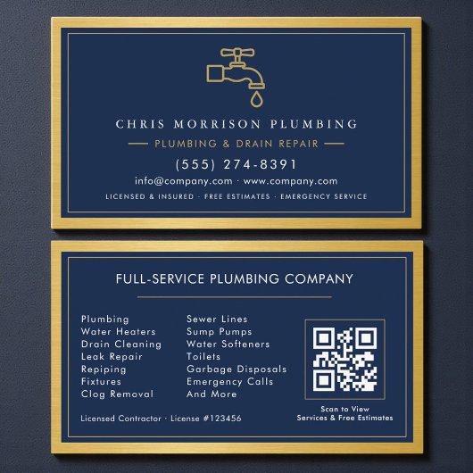 Navy Blue Plumbing Company QR Code Gold Metallic 名刺