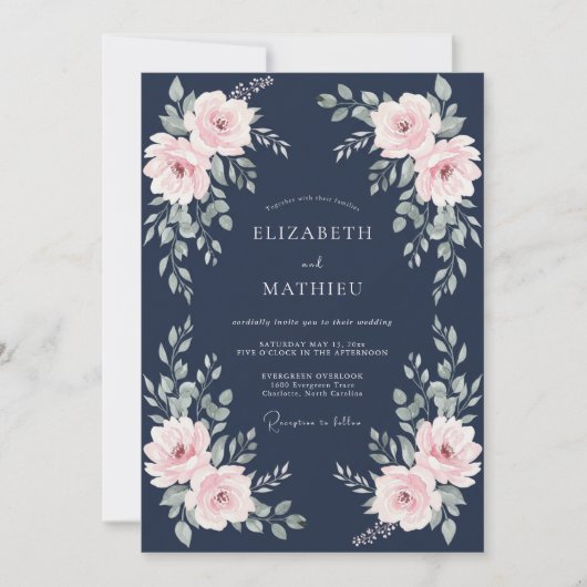 Navy Blue Poetic Rose Wedding 招待状 (正面)