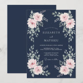 Navy Blue Poetic Rose Wedding 招待状 (正面/裏面)
