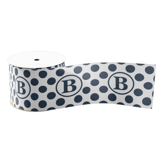 Navy Blue Polka Dot Pattern Monogram グログランリボン (リール)