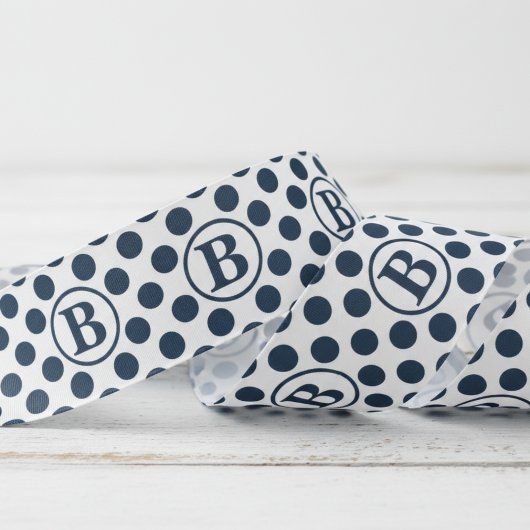 Navy Blue Polka Dot Pattern Monogram グログランリボン