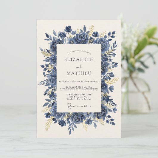 Navy Blue Prestigious Rose Wedding 招待状 (スタンド正面)