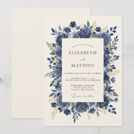 Navy Blue Prestigious Rose Wedding 招待状 (正面/裏面)