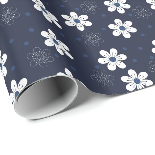 Navy Blue Pretty Floral Pattern ラッピングペーパー (ロールコーナー)