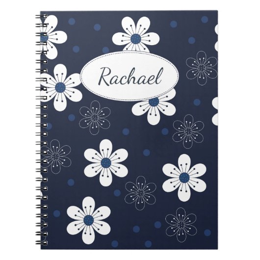 Navy Blue Pretty Floral Personalised ノートブック (正面)