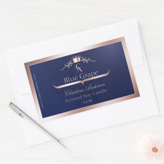 Navy Blue Product Label Rose Gold Frame Monogram 長方形シール (封筒)