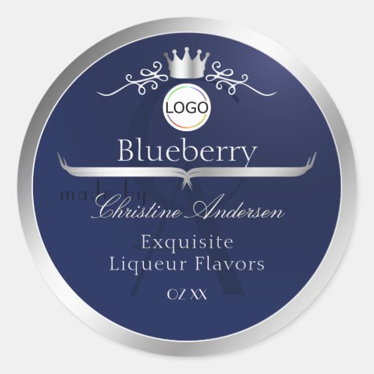 Navy Blue Product Label Silver Frame Logo Monogram ラウンドシール (正面)