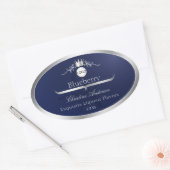 Navy Blue Product Label Silver Frame Logo Monogram 楕円形シール (封筒)
