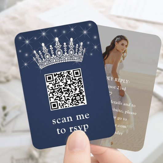 Navy Blue Quinceañera Crown & Stars QR RSVP Photo エンクロージャーカード