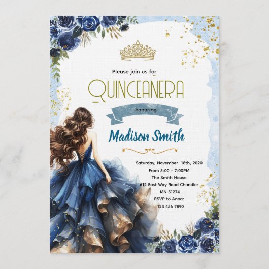 Navy Blue Quinceanera Invitation 招待状 (正面)
